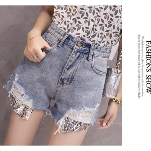 New sequinned high-waist jeans, broad-leg shorts, womens baggy, thin, ragged shorts for the summer of 2018 pants shorts 8603