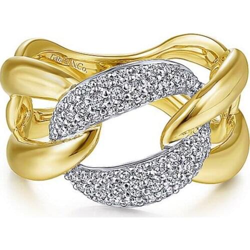 New Design Hot Sale Fashion Alloy Crystal Rings electroplate14K White Yellow Gold Large Chain Link rhinestone Ring