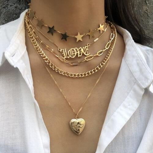KMVEXO Vintage Multi-Layered Love Heart Pendant Choker Necklace Set Boho Golden Stars Long Chain Necklaces Women Christmas Gift