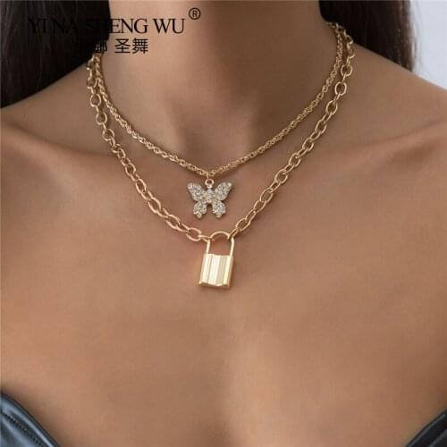 Punk Cuban 2Pc Butterfly lock Pendant Necklac Rhinestone Gold Silver Color Choker Thick Chain Necklace Women Jewelry Accessories