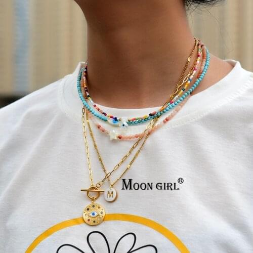 Gold Stainless Steel Initial Necklace for Women Shell Letter Evil Eye Natural Stone Aesthetic Fashion Pendant Choker Jewelry