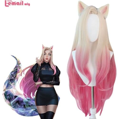 Wig KDA Baddest Ahri Cosplay Wigs LOL KDA Cosplay Blonde Mixed Pink Wigs with Ears Heat Resistant Synthetic Hair Game Co