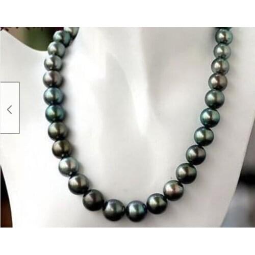 Stunning AAA11-12mm tahitian round black green pearl necklace 18inch 36” yellow clasp