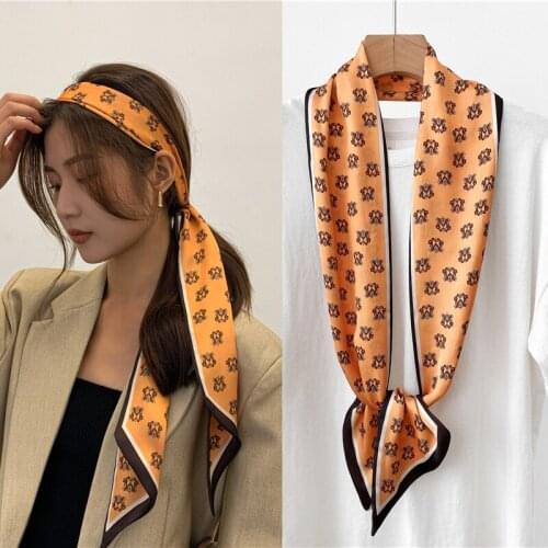 2021 Hair Band Korean Flowers Printed Multifunctional Double-Sided Fashion Small Long Neck Scarf For Women Thin Ladies Scarves