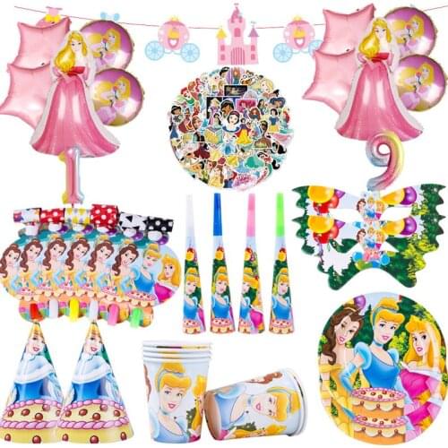 Disney Princess Birthday Party Supplies Plate sticker Cup Pink Balloon Disposable Tableware Girl Faovr Baby Shower Decorations