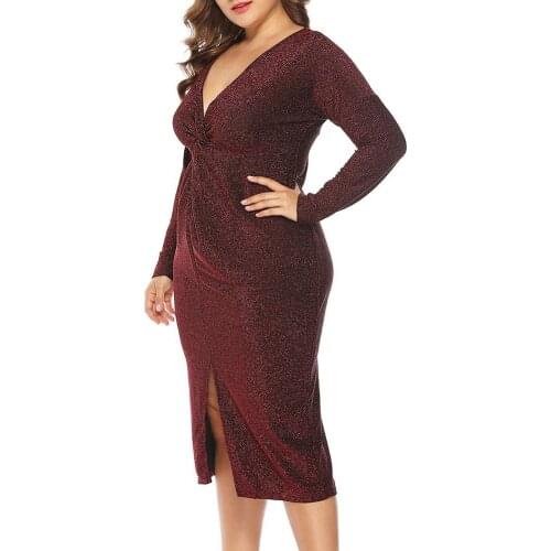 Plus Size Women Solid Color Long Sleeve V Neck Chest Knot Front Slit Midi Dress