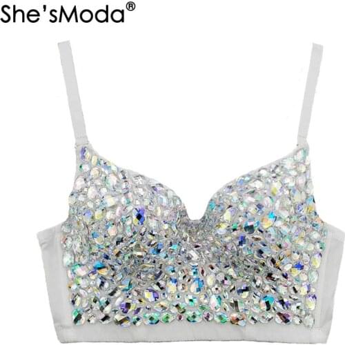 ShesModa New Rhinestones Bustier Pearls Diamond Push Up Night Club Bralette Womens Bra Cropped Top Short Vest Plus Size