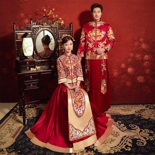 Traditional Beading Sequins Embroidery Bride Groom Wedding Dress Retro Chinese Refined Stylish Marry Cheongsam Свадебное платье