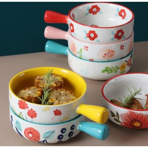 Japanese hand painted creative ceramic handle bowl fruit salad microwave oven household dessert snack breakfast soup tableware