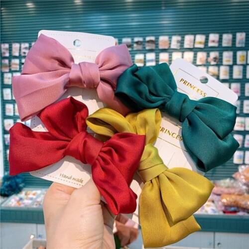 Korea Children Simple Beautiful Colorful Imitation Silk Bow Duckbill Clip Fashion Sweet Girl Princess Hairpins Hair Accessories