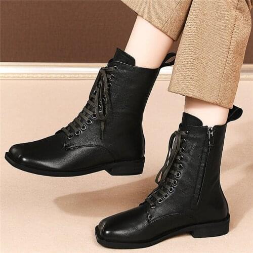 Winter Riding Boots Women Lace Up Genuine Leather Low Heel Platform Pumps Shoes Female High Top Square Toe Warm Motorcycle Boots