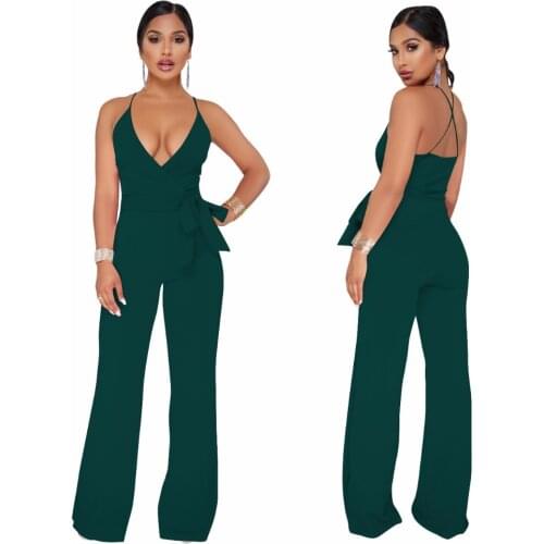 Halter V Neck High Waist Long Pant Rompers Sexy Women Strap Backless Sashes One Piece Jumpsuit Plus Size Leotard S-XXL