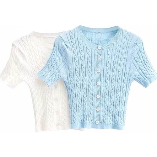 2021 Women Fashion cardigan Button-up Cropped Knitted O Neck short Sleeve Twist Knit sweater Outerwear lady casual Thin Crop Top