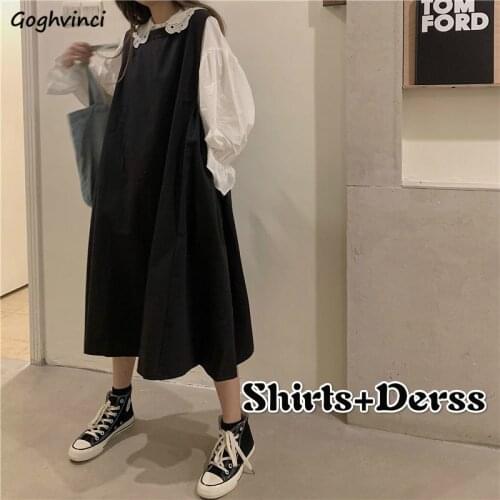 Women Sets Solid Casual Two Piece Peter Pan Collar Petal Sleeve Shirts Korean Style Mid-calf Dress Drape Vestidos Harajuku Lady
