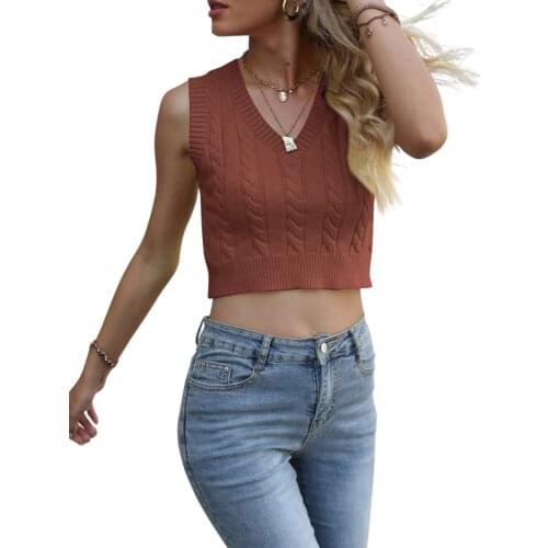 Women OL Simple Style Knitted Vest with Twist Print Solid Color V-neck Sleeveless Crop Tops T-Shirt Fashion Sexy Sweater Vest