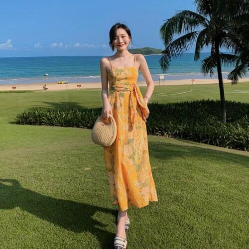 Women Long Floral Dress Sundress Summer 2021 Runway Yellow Backless Retro Fairy Tropical Sea Beach Vacation Party Vestidos New