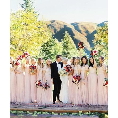 Long Pink Chiffon Bridesmaid Dresses with Pockets Pleated O-Neck Floor Length Zipper Back Lace Robes de Soirée for Women