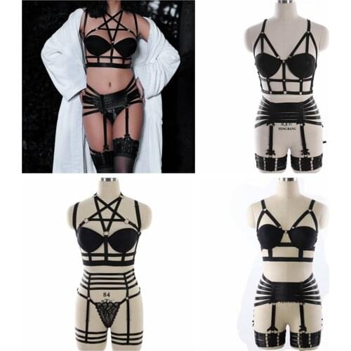 2pc Black Bra Womens Underwear Fetish Sexy Lingerie Sets Harness Belt Pole Dance Rave Exotic Costume Erotic Suspender Belt