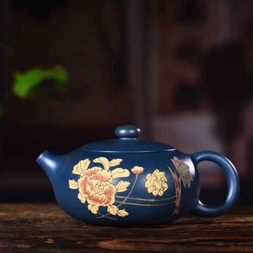 260ml Yixing Purple Sand Tea Pot Genuine Handmade Green Mud Hand Painted Peony Flat Xishi Pot Kung Fu Tea Kettle Free Shipping