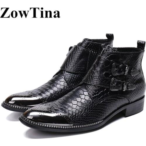 Men Round Toe Studded Ankle Boots Double Buckle Bota Masculino Handmade Studded Office Work Booties Big Size Combat Boots Shoes