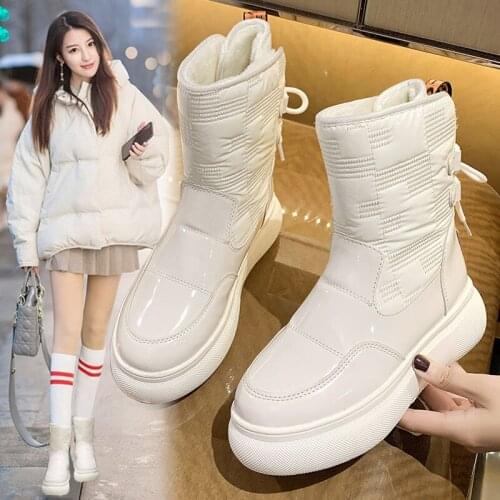 Apanzu Women Snow Boots Beige Plush Warm Fur Causal Boots Shoes Sneakers Ankle Booties Platform Thick Sole Lace Up Winter Shoes