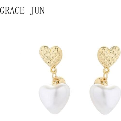 GRACE JUN Korea Style Cute Heart Shape Clip on Earrings Women Popular Gold Color Faux Pearl Ear Cuff Earrings Charm Ear Clip