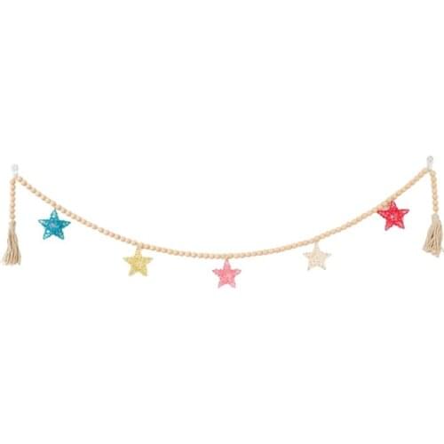 Bohemia Handmade Wooden Beads Garland with Rattan Stars Cotton Tel Farmhouse Kids Room Home Wall Hanging Decoration