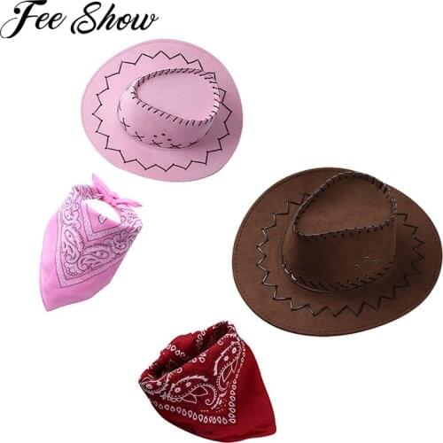 Wild West Cowboy Set Pink Dozen Paisley Bandanna Head Scarf Felt Cap Hat with Adjustment Buckle for Kids Children Accessories