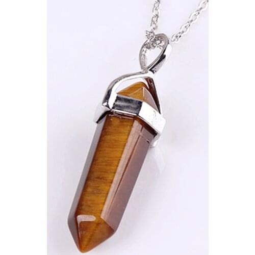 KFT Natural Crystal Quartz Tiger Eye Stone Hexagon Column Pendulum Double Terminator Stone Pendant Link Chain Necklace For Women