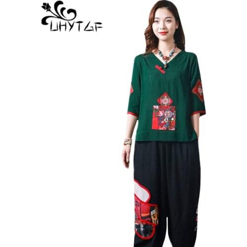 UHYTGF 2 piece set women fashion embroidered cotton and linen summer tracksuit loose 5XL plus size set thin elegant clothes 1550