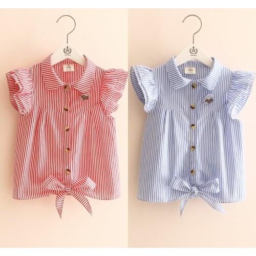 2020 Hot Summer Cute Girls Birthday Clothing Stripe Butterfly Sleeve Striped Dog Botton Kids Girl Short Fly Sleeve Blouse Shirt