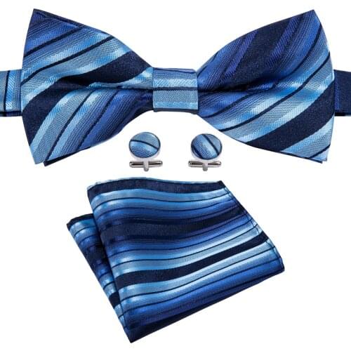Men Bowtie Set, Blue Stripe Butterfly Designer Pre-tied Bow Ties Handkerchief Cufflinks Male Gradient Bows LH-837 Barry.Wang