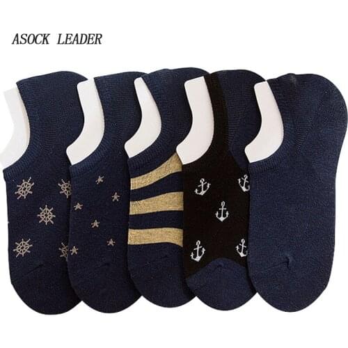 2018 Spring&Summer New Cotton Mens Invisible Socks Navy Blue Boat Socks Stars Striped Pattern Mens Socks 5 pairs/Lot