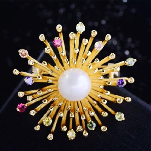 OKILY Elegant Gold Color Fireworks Jewelry Luxury Pearl Sunflower Brooches Pin for Women Coat Accessories New Year 2021 Gift