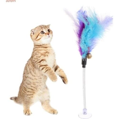 OOTDTY Cat Toys Feather Stick Spring Suction Cup Pet Teaser Funny Interactive Wand Bell