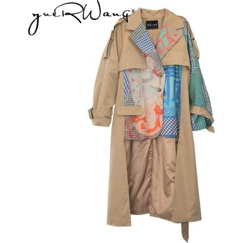 YuerWang Women Trench Coat Asymmetry Hem Long Print Coat Long Sleeve Single Breasted Women Windbreaker Woman Tops Autumn Winter