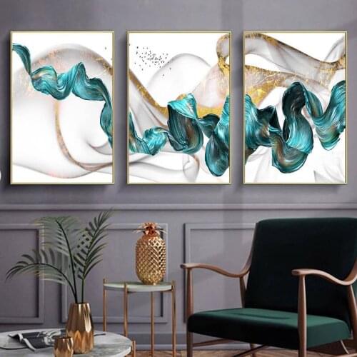 Self-adhesive Wall Stickers Abstract Gold Classical Luxury Poster Blue Ribbon Picture Home Decor Wall Art for Living Room Decor