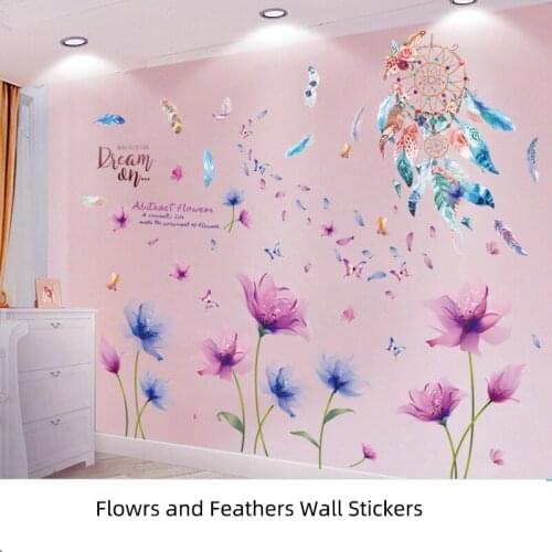 [SHIJUEHEZI] Flowers Plants Wall Stickers DIY Dreamcatcher Feathers Wall Decals for Living Room Kids Bedroom Kitchen Decoration