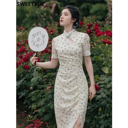 SWEETXUE Floral Embroidery Improved Cheongsam Dress Female Summer Hollow Fold Split Elegant Chic Midi Dress Vestidos Robe Femme