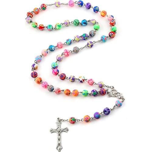 8mm Colorful Polymer Clay Bead Rosary Pendant Necklace Alloy Cross Virgin Mary Centrepieces Christian Catholic Religious Jewelry
