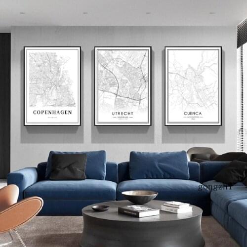 Utrecht Cuenca Copenhagen Famous City Map Nordic Posters Black and White Canvas Painting and Prints Wall Art Pictures Home Decor