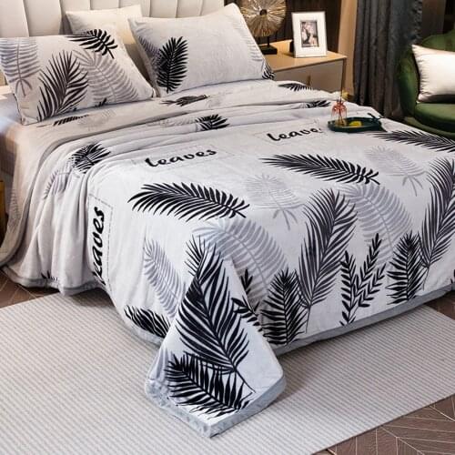 WOSTAR Winter warm coral fleece flat bed sheet super soft cozy leaf print mink cashmere double bed bedspread quilt throw blanket