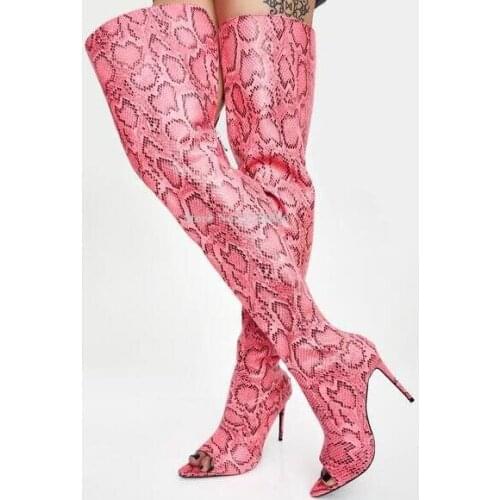 Woman Sexy Snakeskin Leather Over the Knee Sandals Boots Fashion New Peep Toe Mixed Color Stiletto Heel Gladiator Long Boots