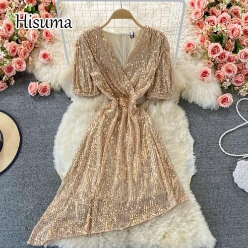 2021 autumn new women V-neck puff sleeve sequins bling A-line dress female Chic elegant waist shiny irregular party dresses