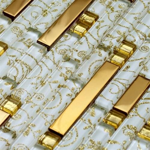 Gold Metal Strip Yellow Flower Glass Shell Mosaic tile for restaurant store door frame kitchen bath shower wall brick tile