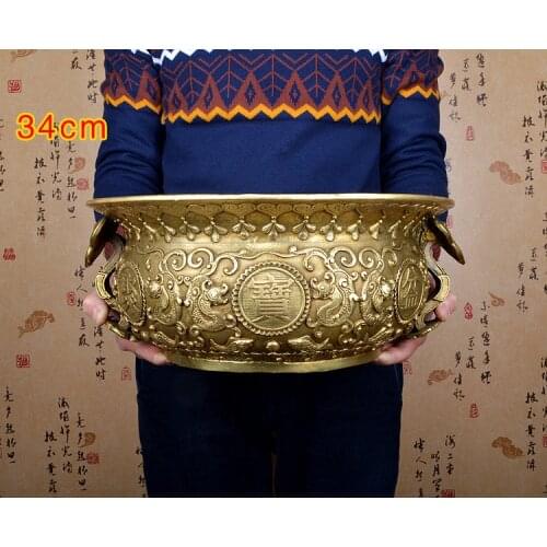 34 CM LARGE # OFFICE HOME business company efficacious Protection Talisman Money Drawing GOLD Treasure bowl Brass statue