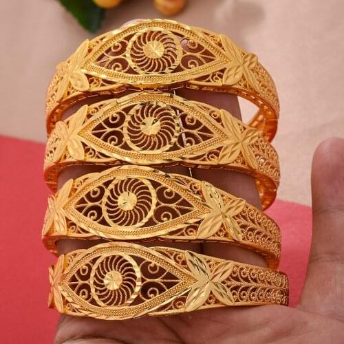4pcs/Lot Luxury Gold Wedding Bangles Women Girls Dubai Circle Bracelet Jewelry Arab Middle Eastern African Fashion Copper Bangle
