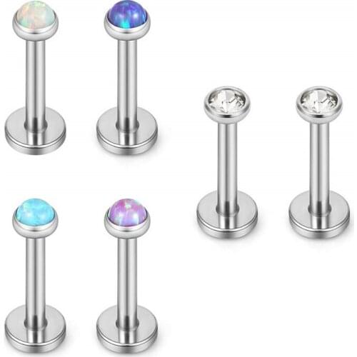 6PCS Jeweled Opal CZ Internally Threaded Stainless Steel Labret Monroe Lip Ring Cartilage Tragus Helix Earring Studs 16G 6mm 8mm