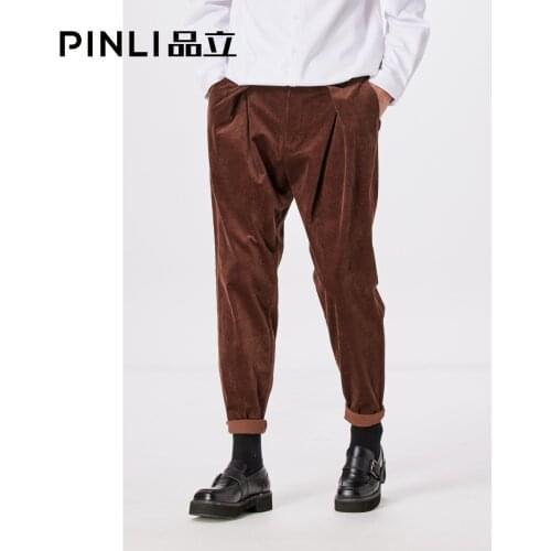 Free Shipping New Unique Pinli Autumn 2021 Black Brown Corduroy Straight Trousers Black Casual Cropped Pants Men B213117043