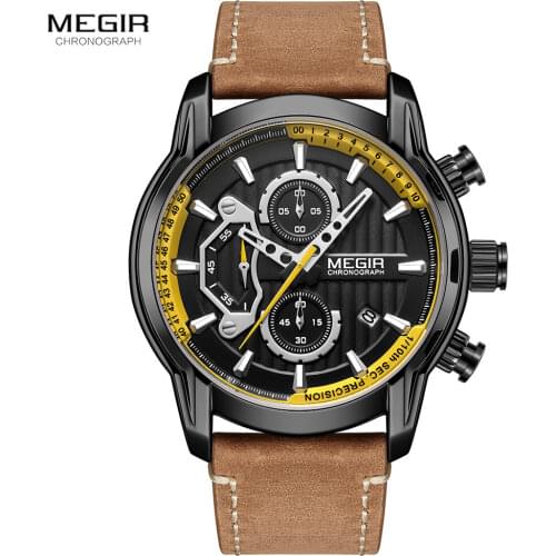 MEGIR Brown Leather Casual Watches Men Luxury Chronograph Quartz Watch Man Military Sports Waterproof Luminous Wristwatch 2104